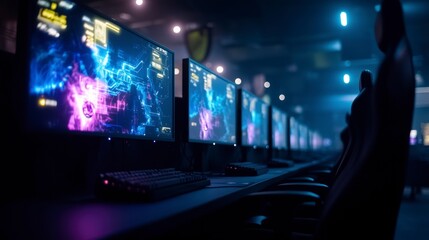 Futuristic Esports Arena  Neon Lights  Gaming PCs  Tournament