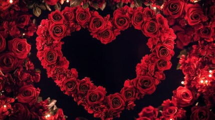 Red Roses Arranged in a Heart Shape Against a Dark Background