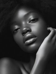 A striking black and white portrait of a woman showcasing her radiant skin and expressive features.