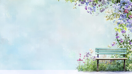 serene garden scene featuring green bench surrounded by colorful flowers and soft blue background, evoking tranquility and peace