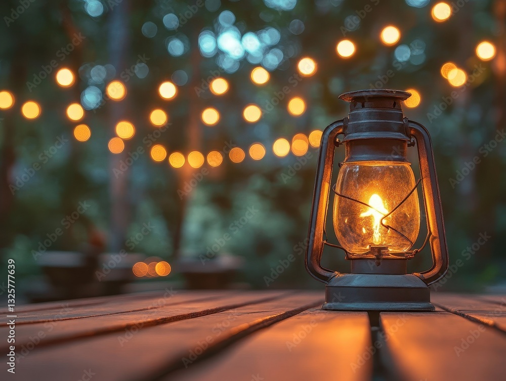Poster rustic lantern glowing on wooden table at night with string lights