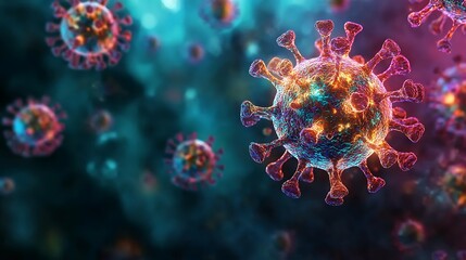 A microscopic artistic interpretation of the H1N1 flu virus, vibrant swirling colors, fluid organic textures, dramatic lighting, surreal floating motion, glowing abstract representation,