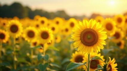 Fototapeta premium A field of wild sunflower blooms under the warm sunlight, showcasing their vibrant yellow petals and green leaves.