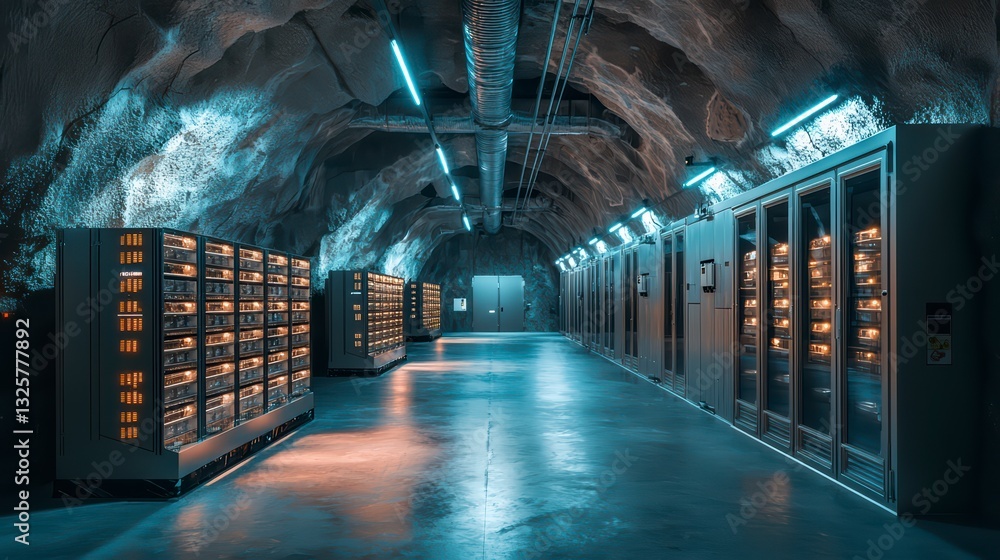Poster inside a secure data center, a cutting-edge facility, featuring rows of powerful servers, exemplifie