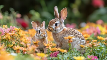 Fototapeta premium Two adorable bunnies nestled amongst colorful flowers.