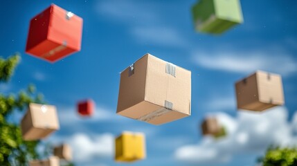 Obraz premium Colorful Cardboard Boxes Floating in Blue Sky Delivery Shipping Concept
