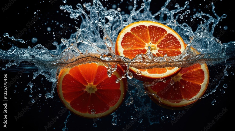 Poster vibrant citrus slices plunge into water, creating a dynamic splash against a stark black background.