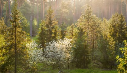 Fototapeta premium summer forest with green trees and blooming plants bathed in soft diffuse morning light