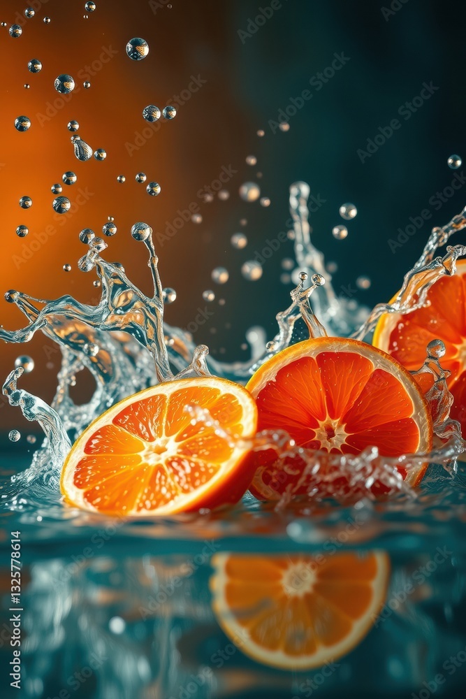 Poster vibrant orange slices captured mid-splash, creating a refreshing and dynamic visual experience.