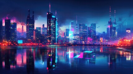 Obraz premium Futuristic Cityscape at Night with Neon Lights and Reflections