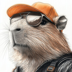 Cute Capybara in an orange baseball cap and dark aviator glasses, white background, sportsman