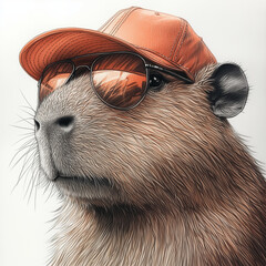 Cute Capybara in an orange baseball cap and aviator glasses, white background, sportsman