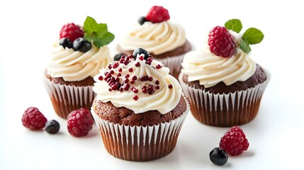 Delicious cupcakes with cream on white