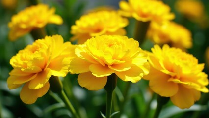 Fototapeta premium Bright yellow carnations in full bloom, showcasing their vibrant petals and lush green stems.