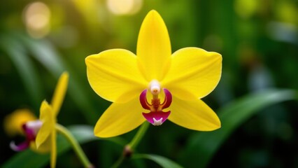 Naklejka premium A vibrant yellow orchid with a striking red and white center in full bloom, set against a blurred green background.
