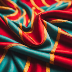 Luxurious Teal and Burgundy Silk Fabric with Golden Decorative Pattern