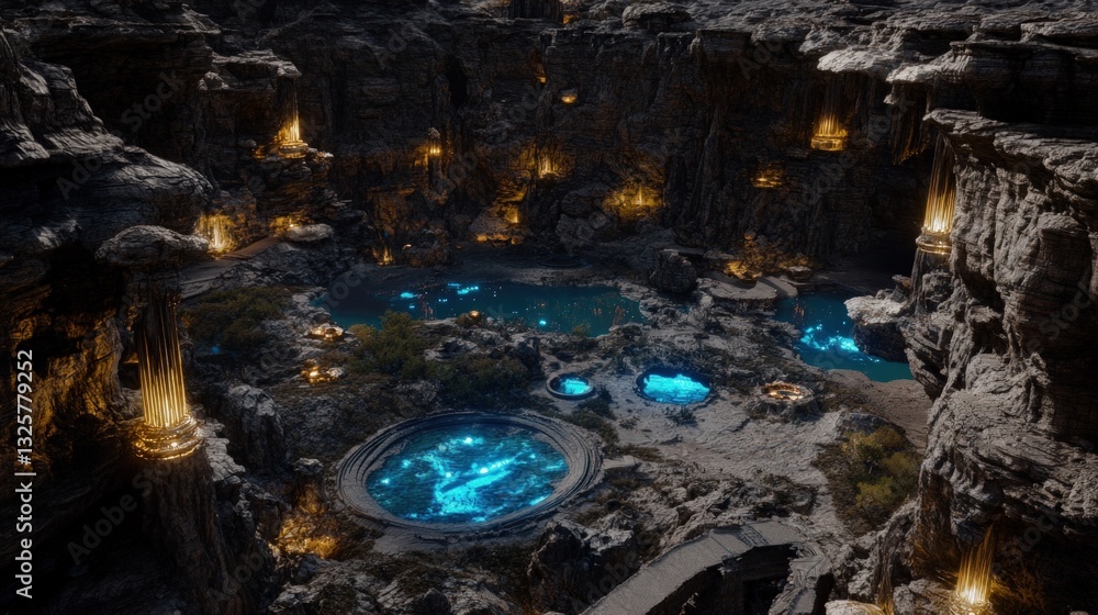 Aufkleber aerial view of a fantasy landscape with glowing pools and intricate rock formations illuminated by s