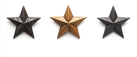 Obraz premium Three metallic stars in varying finishes on a white background.