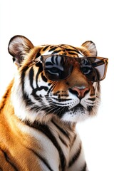 Tiger wearing sunglasses looking cool, wild animal portrait, exotic pet fashion, trendy wildlife photography, animal character concept for creative projects.