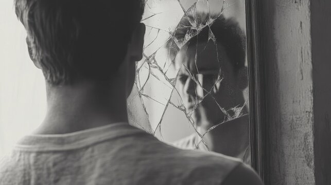 Reflections of Fragmented Identity - Person looking into cracked mirror with multiple reflections, symbolic of self-discovery and inner conflict.