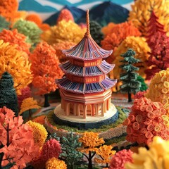Obraz premium Vibrant Autumn Scene with Colorful Trees and Traditional Asian Pagoda in a Serene Landscape
