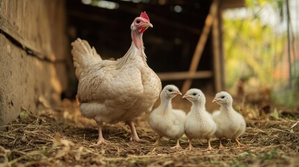 Fototapeta premium Farm hen and chicks in rustic coop