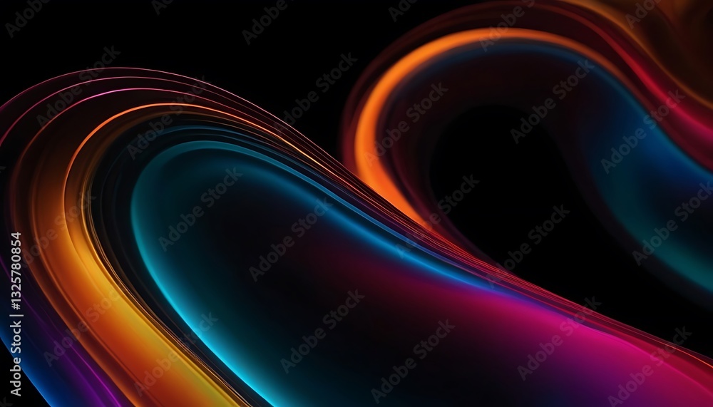 Poster fluid 3d renders holographic iridescent neon curved waves in motion on a dark background. gradient d