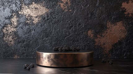 Blackberries are displayed on a metallic pedestal against a textured background