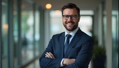 Confident Business Executive Portrait: A sharp, professional businessman smiles confidently with arms crossed, exuding success and leadership. Shot in a modern office setting.