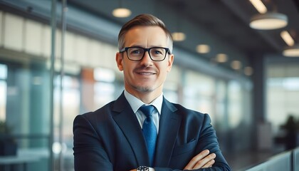 Confident Business Leader: A striking portrait of a seasoned business leader, exuding confidence and approachability within a modern office setting.