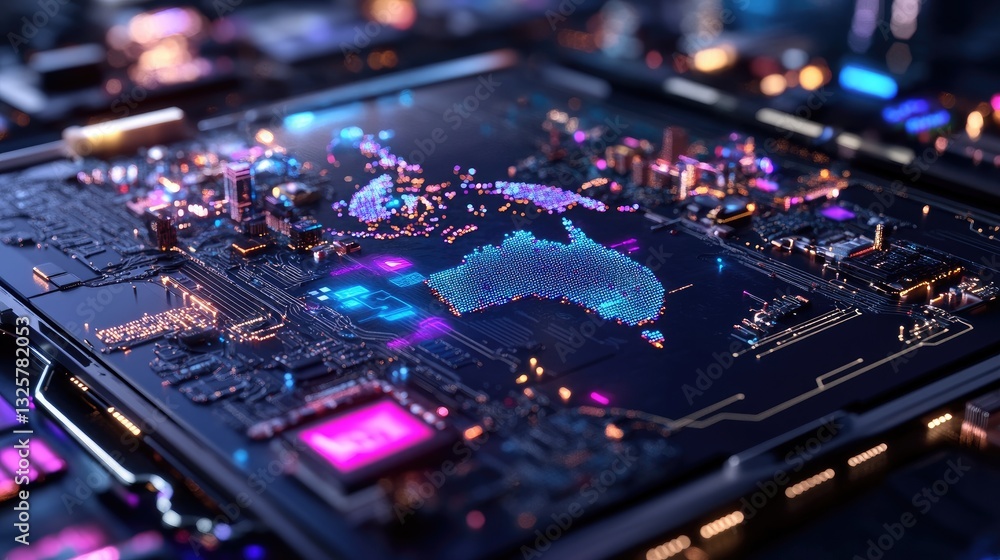 Poster abstract circuit board design with colorful led lights and map