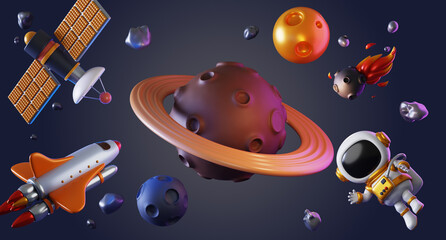 3d cartoon astronaut exploring solar system in outer space. Render cute spaceman floating among saturn planet, sun and moon. Spaceship, satellite and asteroids flying in night sky. 3D illustration © marozhkastudio