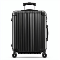 Fototapeta premium Modern black hard-shell suitcase, vertical grooves, telescopic handle, spinner wheels, isolated white, PNG-ready, professional travel mockup