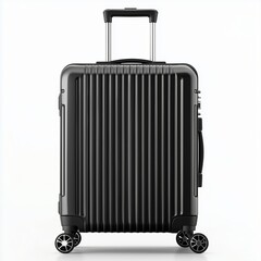 Fototapeta premium Modern black hard-shell suitcase, vertical grooves, telescopic handle, spinner wheels, isolated white, PNG-ready, professional travel mockup