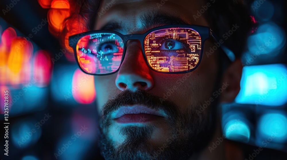 Poster man with glasses reflecting code, focused on screen.