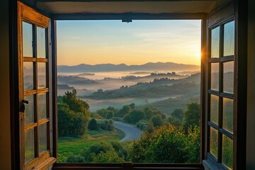 Sunrise view from antique window, misty hills, scenic landscape