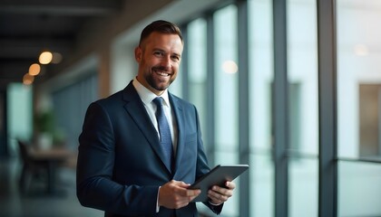Fototapeta premium Confident Businessman: A sharp, modern businessman in a suit stands confidently, holding a tablet with a warm, inviting smile.