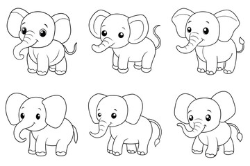Set of six cute baby elephant line art illustrations for coloring and educational purposes