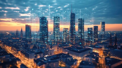 Fototapeta premium Futuristic Cityscape with Digital Data Overlay at Sunset