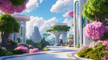 Obraz premium Serene Futuristic Landscape with Vibrant Flora and Blue Sky