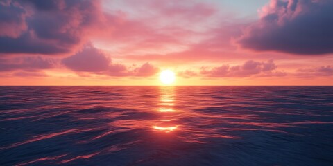 Fototapeta premium Sunset splashes vivid orange and pink hues across the deep blue-purple ocean, casting an ethereal glow as light dances through scattered clouds