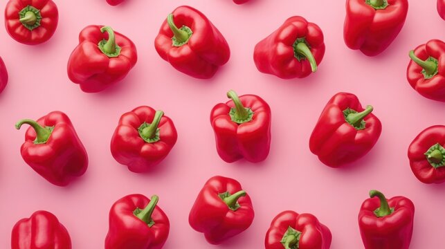 Bright red bell peppers laid out on a pastel pink background.