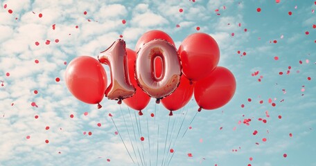 Red and gold balloons celebrate a 10th anniversary against a blue sky.