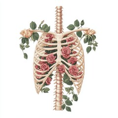 Artistic Representation of Human Rib Cage with Roses and Green Leaves for Creative Designs