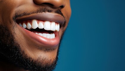 Fototapeta premium Close-up of a smiling man touching his teeth, emphasizing good oral hygiene, fresh breath, and daily dental care
