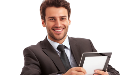 Smiling businessman holding tablet with transparent background