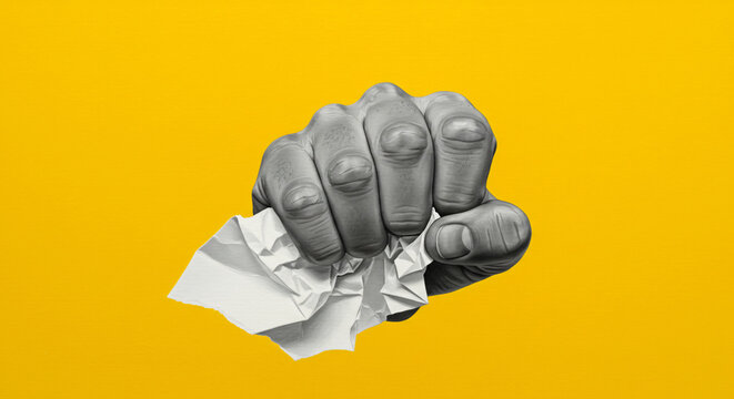 A Powerful Fist Crushing Crumpled Paper, A Stark Grayscale Image Against A Vibrant Yellow Background Symbolizing Frustration And The Destruction Of Ideas