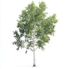 Obraz premium Young Birch Tree with White Bark and Lush Green Foliage on White Background
