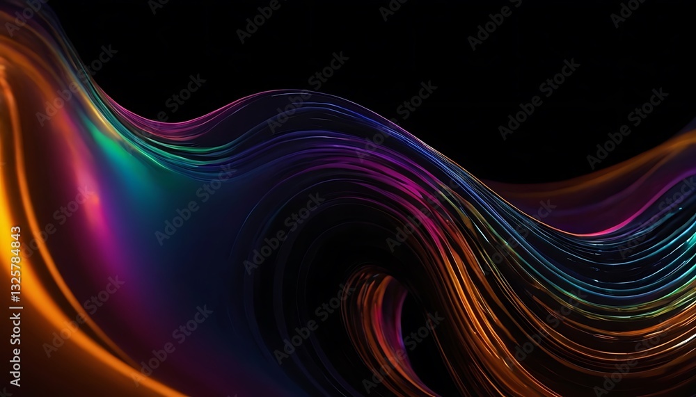 Poster fluid 3d renders holographic iridescent neon curved waves in motion on a dark background. gradient d
