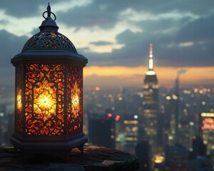 Fototapeta premium Ornate lantern glowing against a blurred city skyline at dusk.